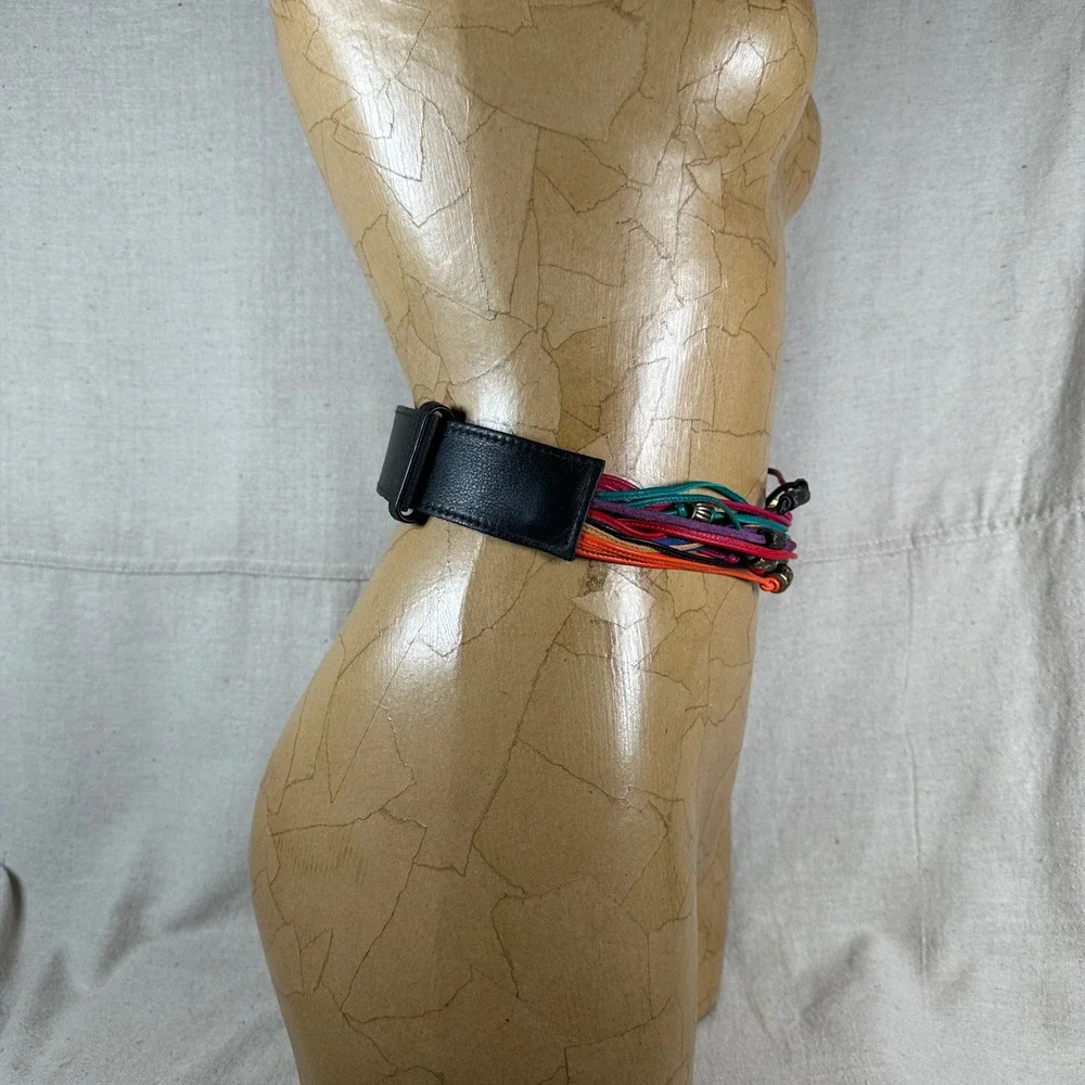 80s‎ vintage statement Multi Leather Cord Bead Belt Black Multi Rainbow Boho